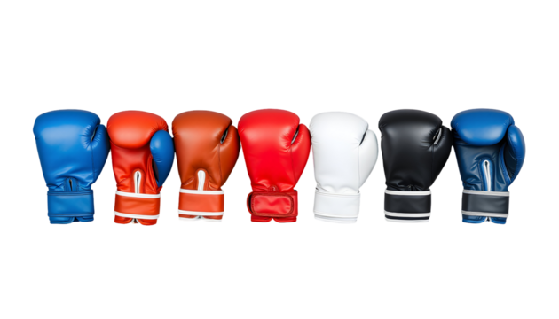 Array of colorful boxing gloves on a transparent backdrop