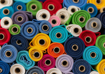 Fototapeta premium Multicolored Fabric Rolls Displayed in a Textile Store Background