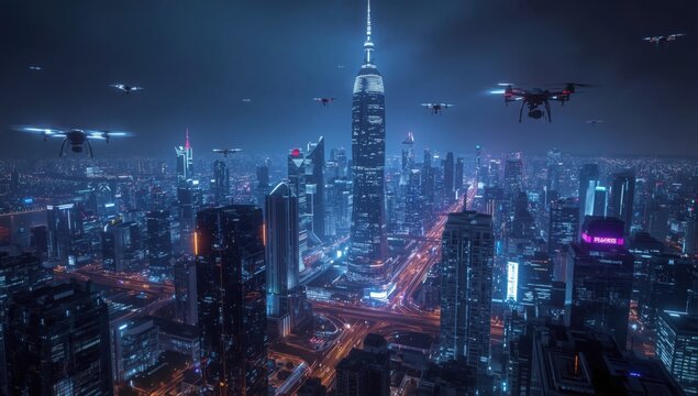 Futuristic cityscape with drones flying over the illuminated buildings