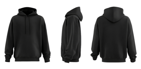 A versatile black hoodie displayed from multiple angles, showcasing its design features and fabric texture, ideal for fashion retail or online clothing catalogs