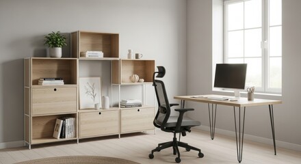 Minimalist home office with modern desk, ergonomic chair, and wooden shelves
