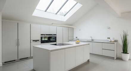 Bright modern white kitchen with island, skylight, and minimalist cabinets