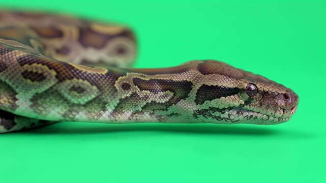 Close-up of a patterned snake's head on a vibrant green background, ideal for chroma key and wildlife themes