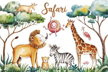 Fototapeta premium Watercolor Safari Animals Lion Giraffe Zebra Rhino Illustration