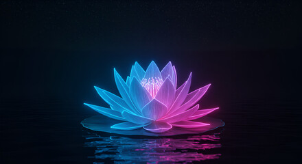 Illuminated lotus flower glows with neon pink and blue light on dark water under starlit sky