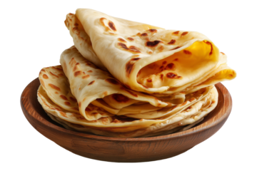 Yemeni malawah flaky buttery bread baked round flatbreads with toasted spots stacked in pile on wooden plate, isolated on white transparent background, concept of traditional bakery