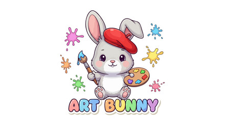 vector Cute Cartoon Bunny Artist with Paint Palette
