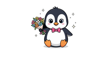 vector Cute Cartoon Penguin Holding Flowers
