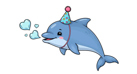 vector Cute Cartoon Dolphin with Birthday Party Hat