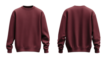 A maroon sweatshirt displayed from the front and back, showcasing its design and texture, suitable for casual wear, with a plain background emphasizing the garment's features
