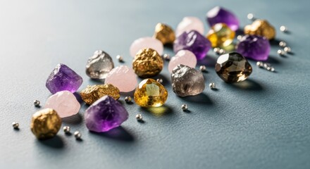 Assortment of colorful polished gemstones and beads on a textured background