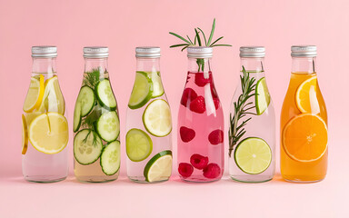 photograph features five infused water bottles, each filled with a different fresh ingredient, arranged in a symmetrical row against a pastel pink background, showcasing a refreshing and healthy bever