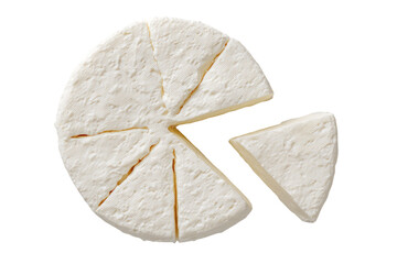 Round cheese wheel, sliced into wedges, one wedge removed