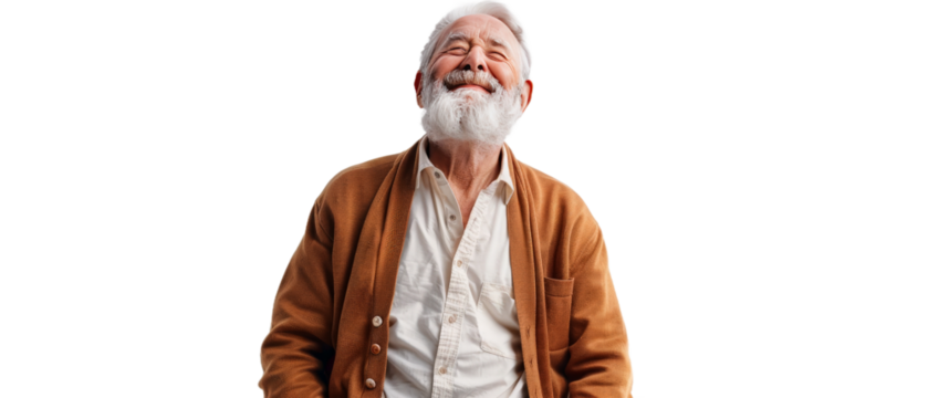 A joyful elderly man with a white beard smiles brightly while wearing a cozy brown cardigan, set against a neutral background, conveying happiness and warmth, ideal for lifestyle imagery