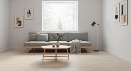Fototapeta premium Minimalist living room with gray sofa, wooden table, and modern wall art