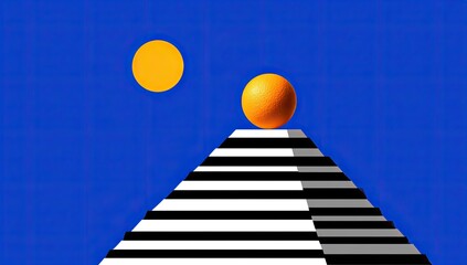 Abstract pyramid with orange and yellow orbs against a vibrant blue sky