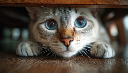 Cat with big blue eyes peeking from under wooden table