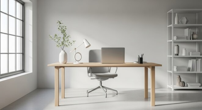 Minimalist home office with wooden desk, laptop, and modern bookshelf