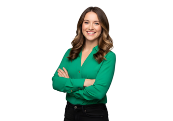 Woman smiling with arms crossed in green shirt pose on transparent background