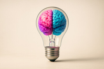 AI generated surreal image of a glass light bulb with a colorful human brain inside symbolizing imagination reason inspiration and intellectual energy on a clean minimal background