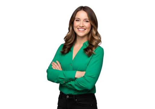 Woman smiling with arms crossed in green shirt pose on transparent background