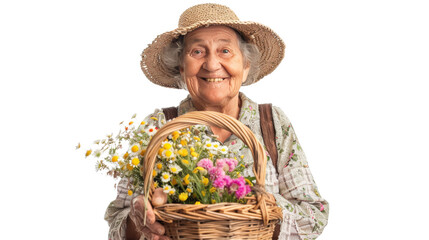 An elderly woman joyfully smiles while holding a wicker basket filled with colorful flowers, set against a plain background, evoking a sense of warmth and nostalgia