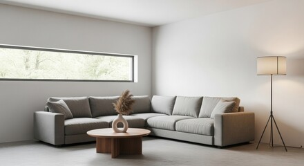 Naklejka premium Modern living room with gray sectional sofa, round wooden table, and floor lamp.