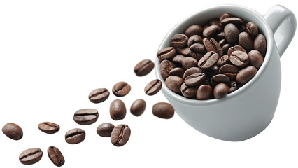 Obraz premium Coffee beans spilling from white cup isolated on a transparent background coffee cup