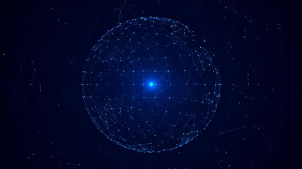 Networked blue sphere with bright center, against a dark background - Powered by Adobe