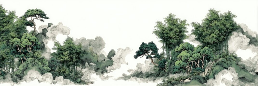 Lush landscape with trees and mist