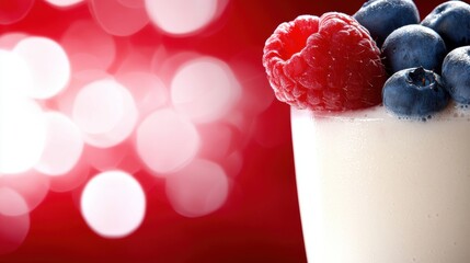 A glass of yogurt topped with raspberries and blueberries.