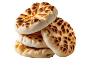 Yemeni malawah flaky buttery bread baked round flatbreads with toasted spots stacked in pile, isolated on white transparent background, concept of traditional bakery