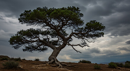 A twisting, gnarly tree against a dramatic sky with swirling clouds.