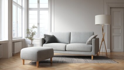 Bright Modern Living Room Sofa with Ottoman in Natural Light