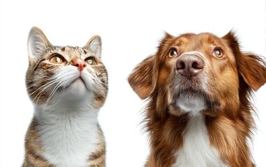 Obraz premium Close-up of a cat and dog, looking upward against a white background