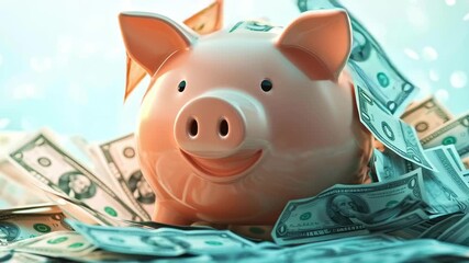 Piggy bank money savings finance cash dollar currency wealth investment concept with flying scattered dollar bills representing financial growth - Powered by Adobe