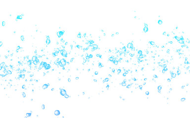 Horizontal trail of floating blue water bubbles. Isolated fizzy liquid drops PNG clip art on a transparent background for a fresh beverage ad or cleaning product graphic.