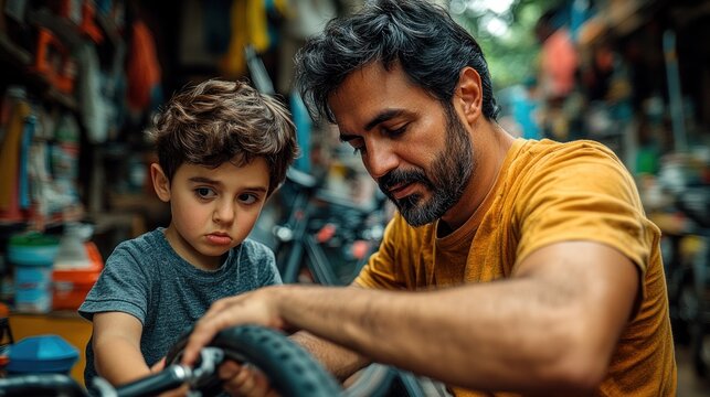 Father teaching his child how to repair a bicycle tire