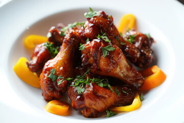 Fototapeta premium Delicious glazed chicken wings with fresh parsley and bell peppers