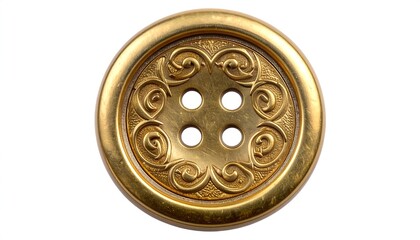 Gold ornate button, close-up, white background