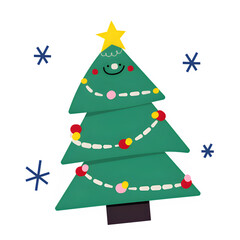 Adorable cartoon Christmas tree with cheerful face and festive garland spreads holiday cheer