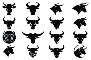 Collection of silhouetted bull and cow heads vector illustration 