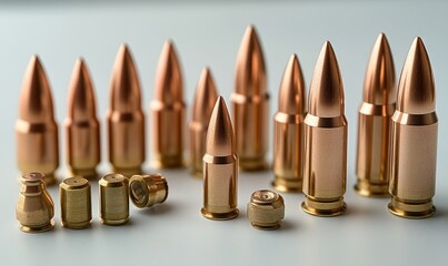 Bullet shells of various sizes for military ammunition production and storage, showcasing the manufacturing process of military weaponry. The focus is on precision and the complexity, Generative AI