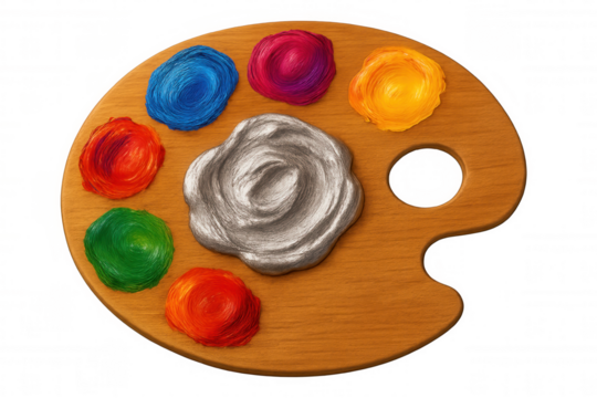 Wooden palette with vibrant oil paints and silver paint, isolated on a transparent background, ready for creative artwork