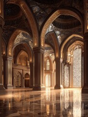 Fototapeta premium beautifully designed islamic prayer hall featuring intricate architectural details patterns and natural lighting streaming through ornate arched windows