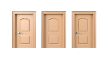 Three closed doors in a row with light wood finish and silver handles.