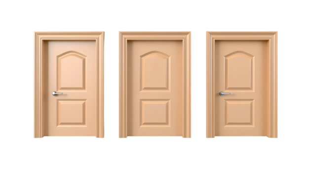 Three closed doors in a row with light wood finish and silver handles.