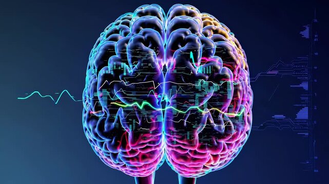A vibrant, digital brain with neon colors and data overlays, viewed from a front angle. Perfect for a futuristic tech video concept. Live desktop wallpaper.