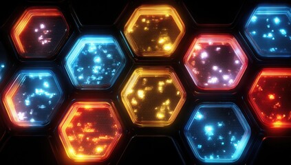 Hexagonal panel grid with glowing particles in vibrant colors