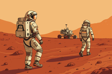 Two astronauts explore Mars with a rover. © artvector